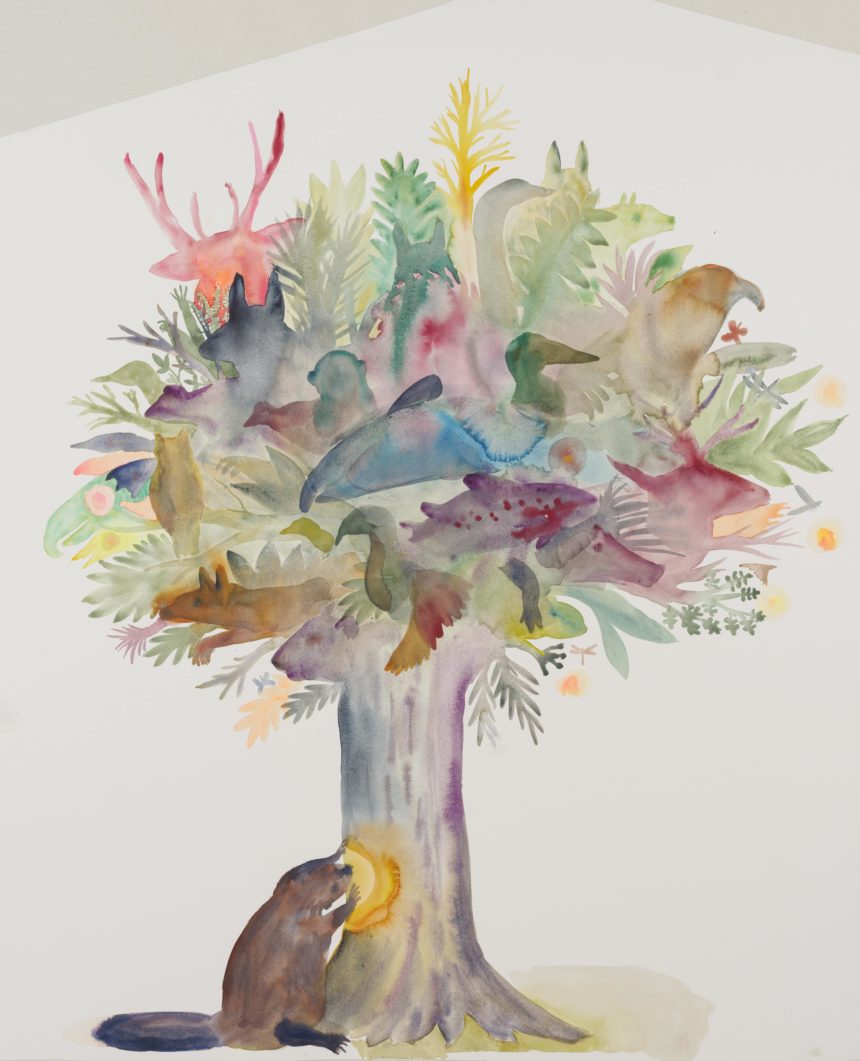 Un coup de dent jamais n'abolira le hasard ? / Suzanne Husky, Grandfather beaver and the tree of life, 2021, aquarelle sur papier, 114,5 x 94,5 cm © Courtesy Galerie Alain Gutharc